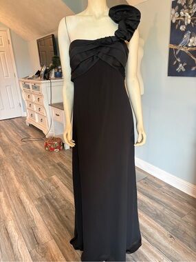 Max & Cleo Black One-Shoulder Ruffle Gown